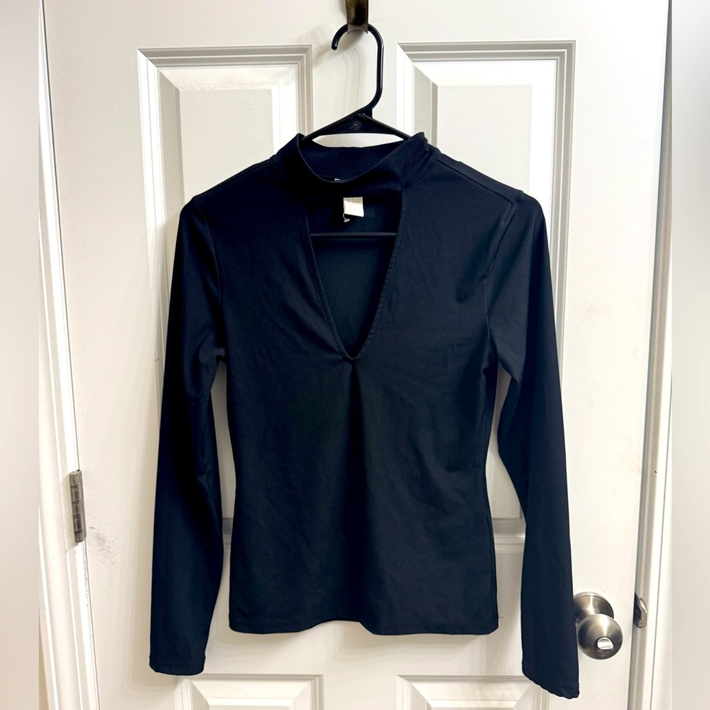 H&M Black Choaker Neck Cut-Out Long Sleeve Shirt - Size M